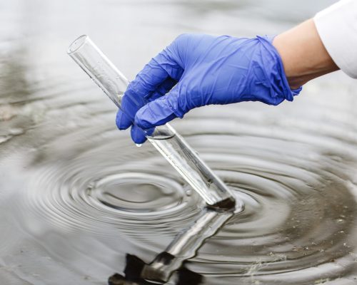 Researcher holds a test tube with water in a hand in blue glove Researcher holds a test tube with water in a hand in blue glove